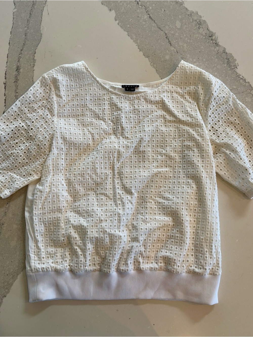 Theory White Eyelet Short-Sleeve Blouse